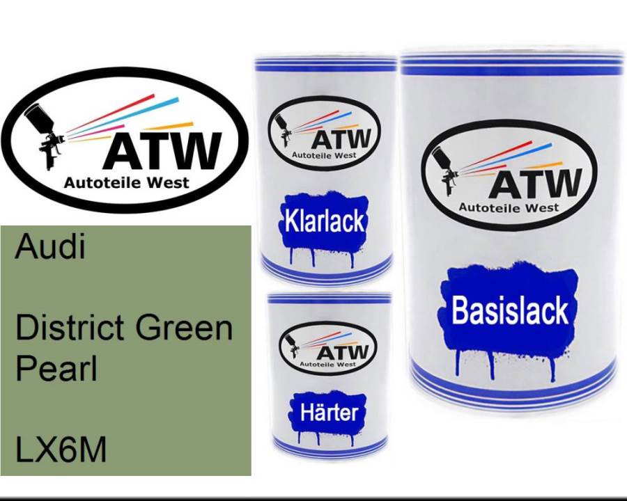 Audi, District Green Pearl, LX6M: 500ml Lackdose + 500ml Klarlack + 250ml Härter - Set, von ATW Autoteile West.